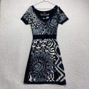 Desigual Short Sleeve Midi Dress Floral Zebra Boho AOP Black / White  Read*